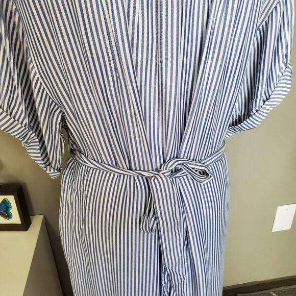 Gap Roll Cuff Shirt Dress Size XL White Blue Striped Tie Waist Button Up New - Picture 7 of 12
